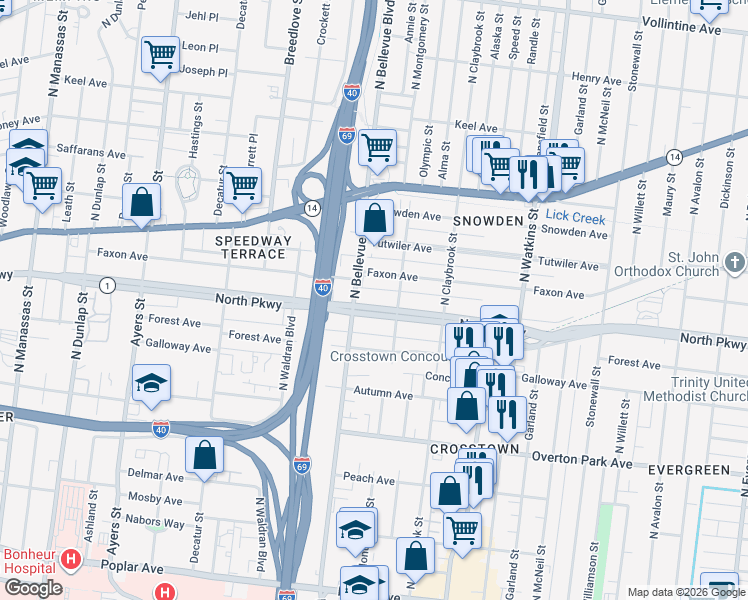 map of restaurants, bars, coffee shops, grocery stores, and more near 1208 North Parkway in Memphis