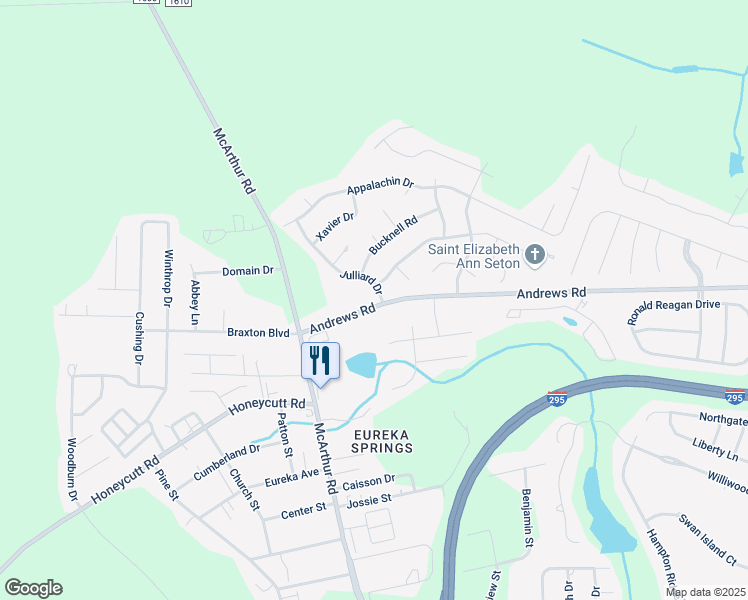 map of restaurants, bars, coffee shops, grocery stores, and more near 6603 Julliard Drive in Fayetteville