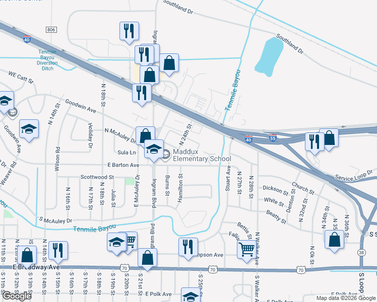 map of restaurants, bars, coffee shops, grocery stores, and more near 2303 East Barton Avenue in West Memphis