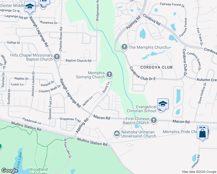 map of restaurants, bars, coffee shops, grocery stores, and more near 1090 Dusty Lane in Shelby County