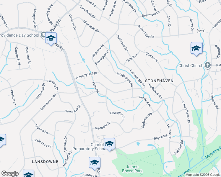 map of restaurants, bars, coffee shops, grocery stores, and more near 6401 Ciscayne Place in Charlotte