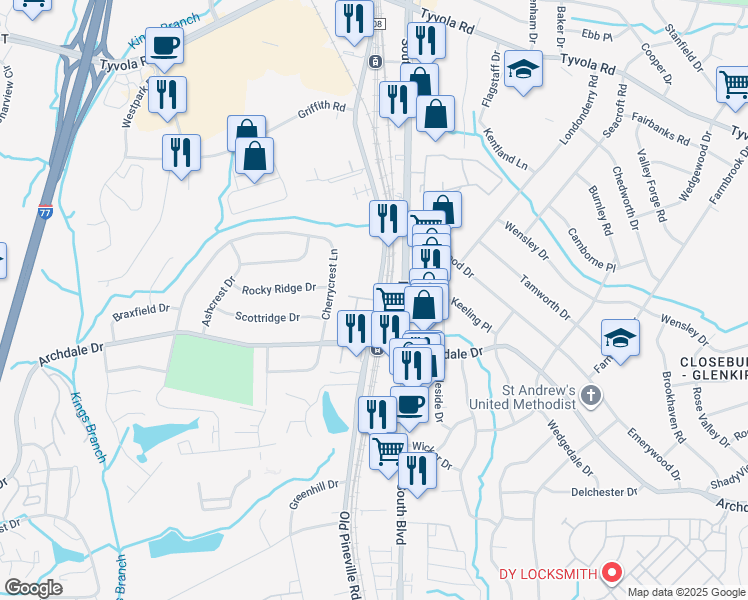 map of restaurants, bars, coffee shops, grocery stores, and more near 6313 Old Pineville Road in Charlotte