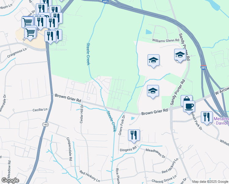 map of restaurants, bars, coffee shops, grocery stores, and more near 10108 Guardian Drive in Charlotte