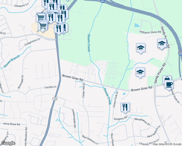 map of restaurants, bars, coffee shops, grocery stores, and more near 13631 Brown Grier Road in Charlotte