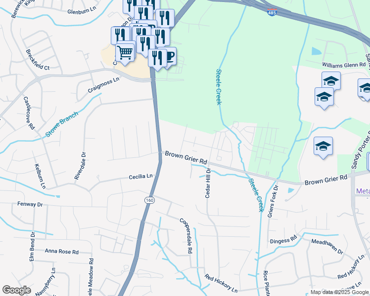 map of restaurants, bars, coffee shops, grocery stores, and more near 13400 Brown Grier Road in Charlotte