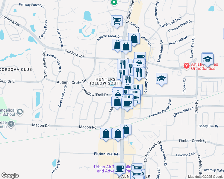 map of restaurants, bars, coffee shops, grocery stores, and more near 7987 Hunter's Crossing in Memphis