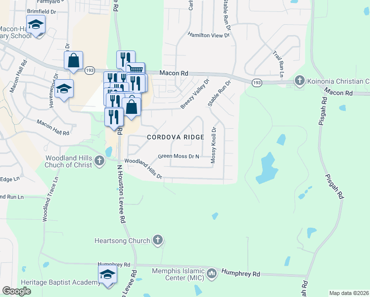 map of restaurants, bars, coffee shops, grocery stores, and more near 10208 Green Moss Drive North in Shelby County
