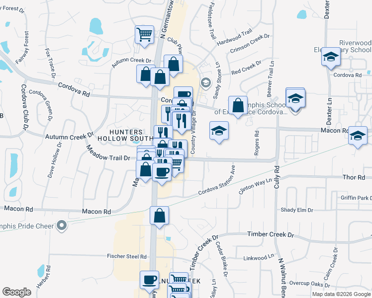 map of restaurants, bars, coffee shops, grocery stores, and more near 1080 North Germantown Parkway in Memphis