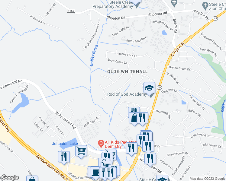 map of restaurants, bars, coffee shops, grocery stores, and more near 7612 Coffey Creek Drive in Charlotte