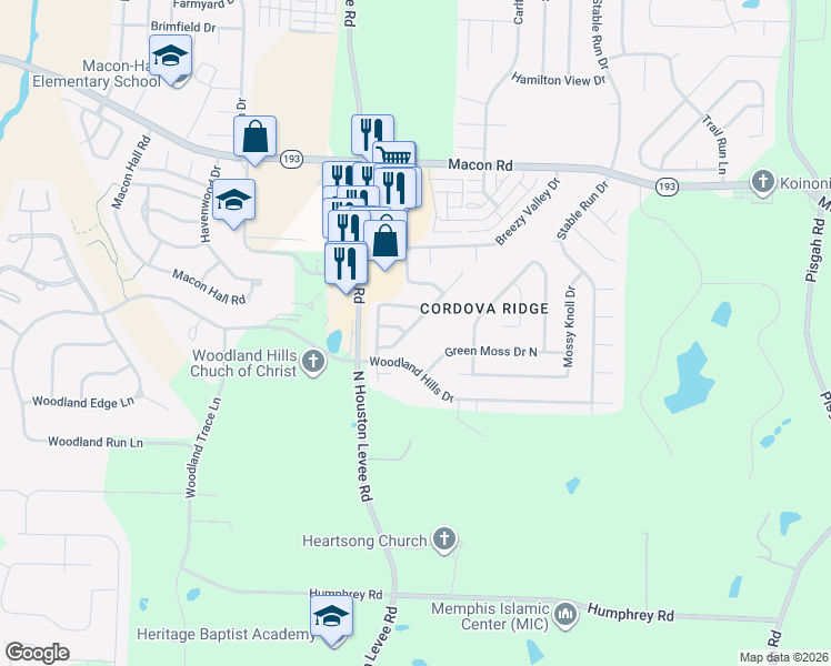 map of restaurants, bars, coffee shops, grocery stores, and more near 1064 Cross Wood Lane in Shelby County