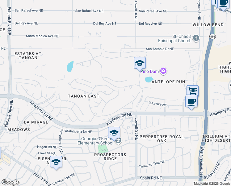 map of restaurants, bars, coffee shops, grocery stores, and more near 6513 Glen Oak Northeast in Albuquerque