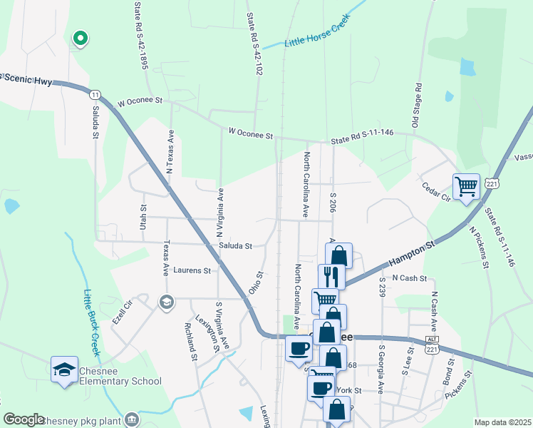 map of restaurants, bars, coffee shops, grocery stores, and more near 207 Ohio Street in Chesnee