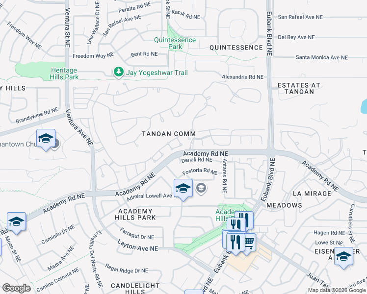 map of restaurants, bars, coffee shops, grocery stores, and more near 9827 Denali Road Northeast in Albuquerque