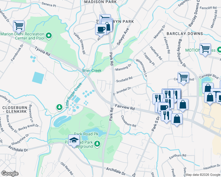 map of restaurants, bars, coffee shops, grocery stores, and more near 5431 Dockery Drive in Charlotte