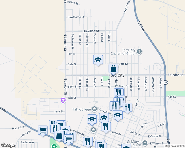 map of restaurants, bars, coffee shops, grocery stores, and more near 218 Taylor Street in Taft