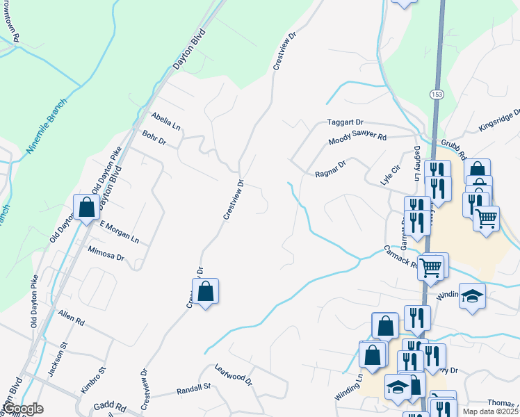 map of restaurants, bars, coffee shops, grocery stores, and more near 540 Ethyeylin Lane in Chattanooga