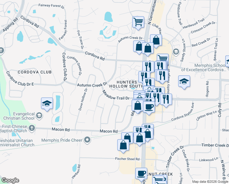 map of restaurants, bars, coffee shops, grocery stores, and more near 7910 Meadow Trail Drive in Memphis