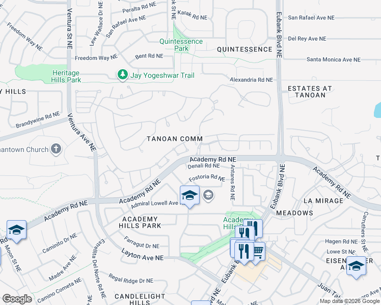 map of restaurants, bars, coffee shops, grocery stores, and more near 9827 Denali Road Northeast in Albuquerque