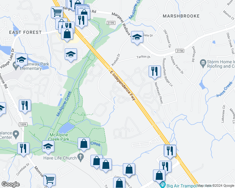 map of restaurants, bars, coffee shops, grocery stores, and more near 7833 Calibre Crossing Drive in Charlotte