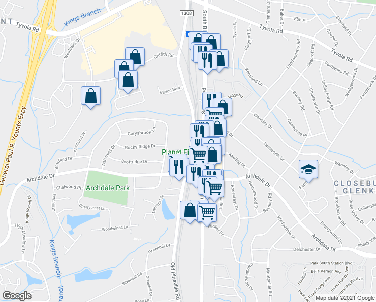 map of restaurants, bars, coffee shops, grocery stores, and more near 6313 Old Pineville Road in Charlotte