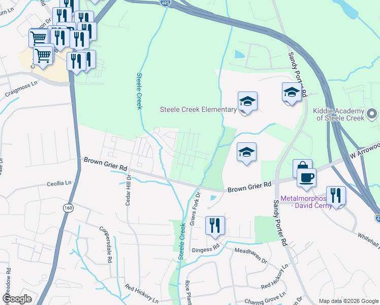 map of restaurants, bars, coffee shops, grocery stores, and more near 10108 Guardian Drive in Charlotte