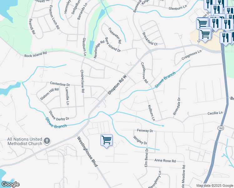 map of restaurants, bars, coffee shops, grocery stores, and more near 7203 Agnew Drive in Charlotte