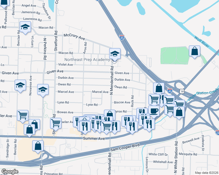 map of restaurants, bars, coffee shops, grocery stores, and more near 825 North Mendenhall Road in Memphis