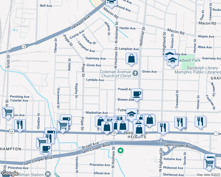 map of restaurants, bars, coffee shops, grocery stores, and more near 798 Atlantic Street in Memphis