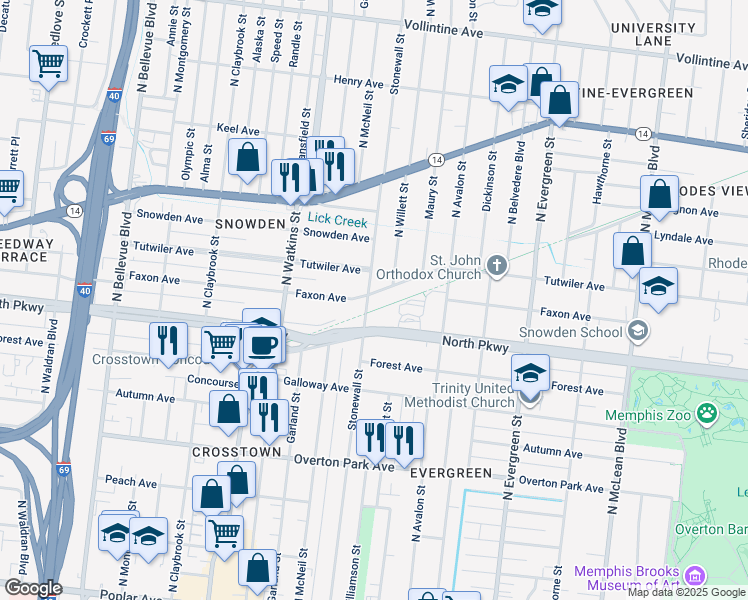 map of restaurants, bars, coffee shops, grocery stores, and more near 1506 North Parkway in Memphis