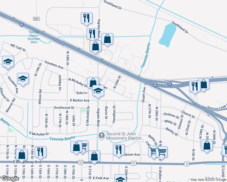 map of restaurants, bars, coffee shops, grocery stores, and more near 2303 East Barton Avenue in West Memphis