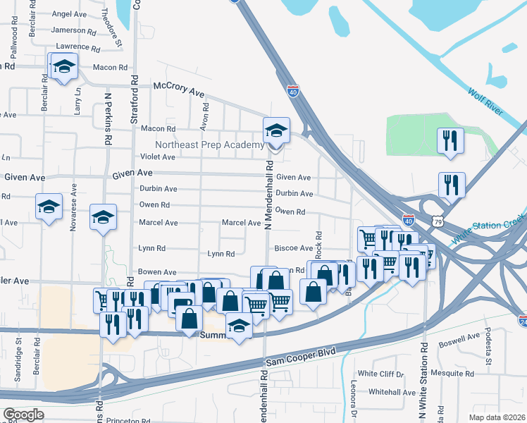 map of restaurants, bars, coffee shops, grocery stores, and more near 825 North Mendenhall Road in Memphis