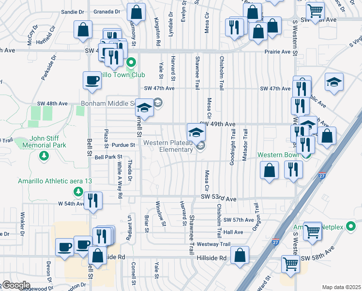 map of restaurants, bars, coffee shops, grocery stores, and more near 4915 Harvard Street in Amarillo