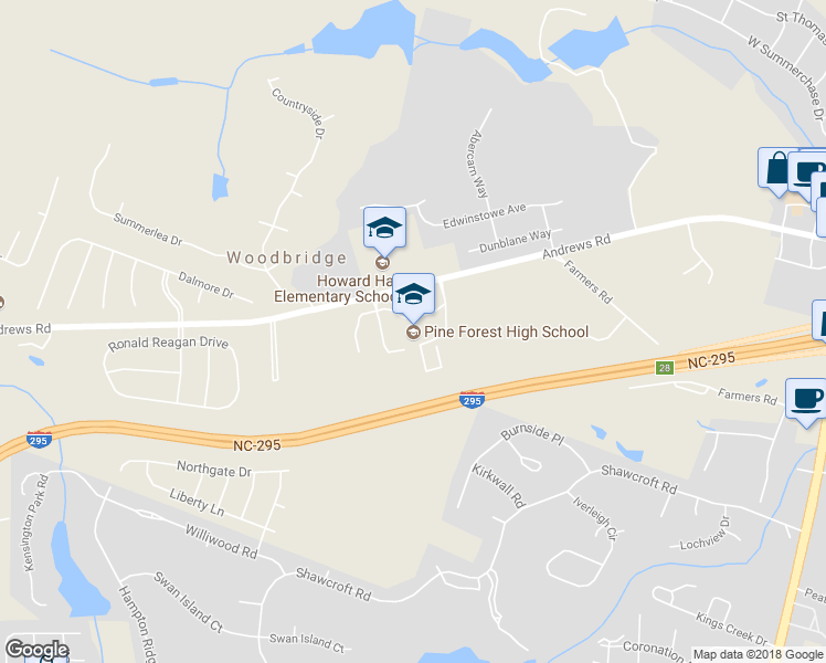 map of restaurants, bars, coffee shops, grocery stores, and more near 525 Andrews Road in Fayetteville