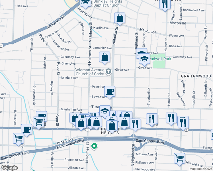 map of restaurants, bars, coffee shops, grocery stores, and more near 3353 Coleman Avenue in Memphis
