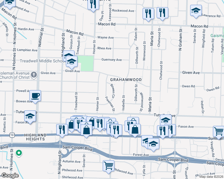 map of restaurants, bars, coffee shops, grocery stores, and more near 870 Bowen Circle in Memphis