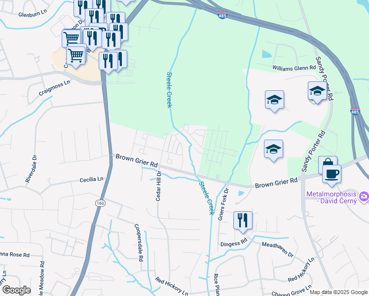 map of restaurants, bars, coffee shops, grocery stores, and more near 13632 Brown Grier Road in Charlotte