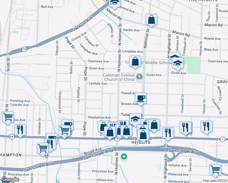map of restaurants, bars, coffee shops, grocery stores, and more near 3263 Lyndale Avenue in Memphis