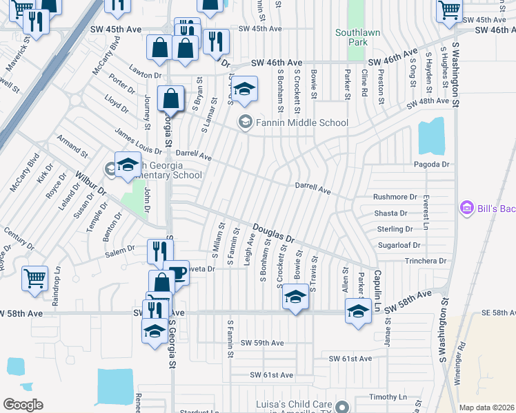 map of restaurants, bars, coffee shops, grocery stores, and more near 5006 Leigh Avenue in Amarillo