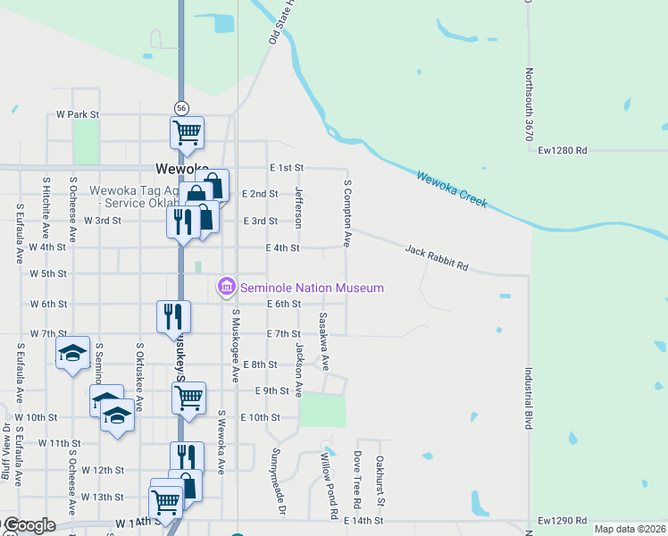 map of restaurants, bars, coffee shops, grocery stores, and more near 516 East 4th Street in Wewoka