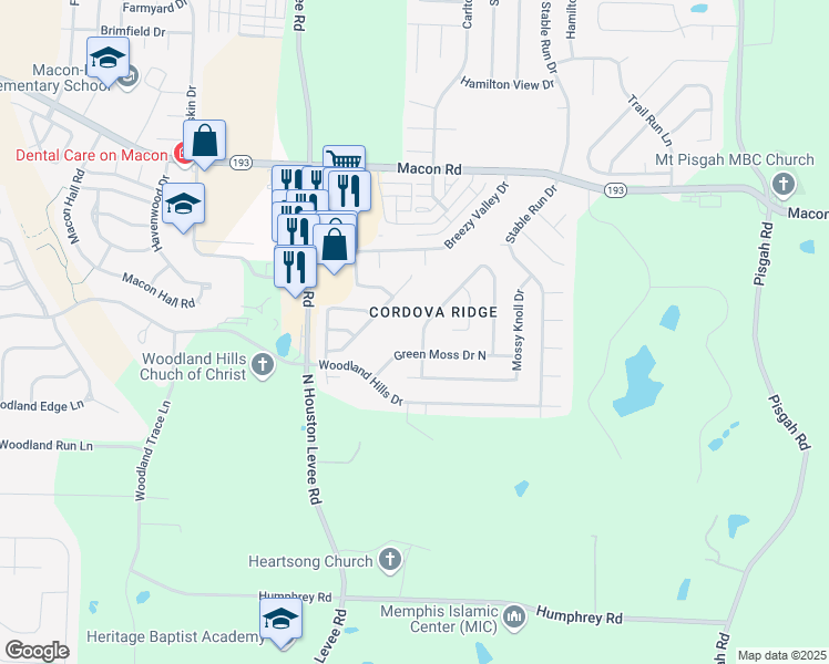 map of restaurants, bars, coffee shops, grocery stores, and more near 1079 Red Fern Circle West in Shelby County