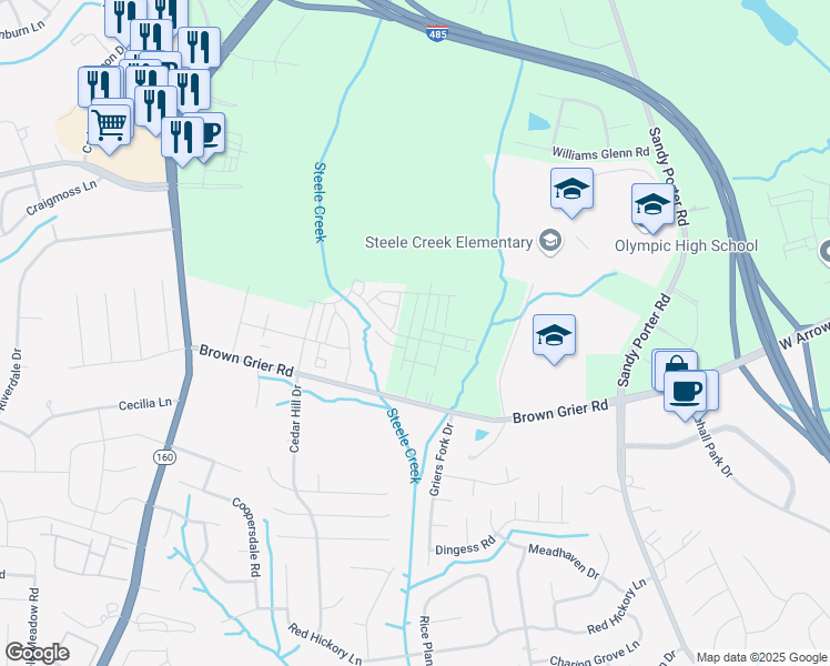 map of restaurants, bars, coffee shops, grocery stores, and more near 13815 Brown Grier Road in Charlotte