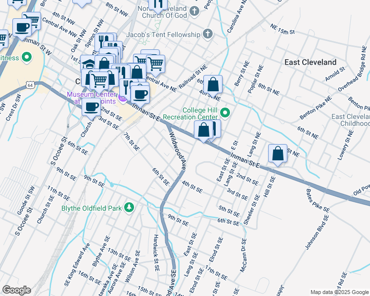 map of restaurants, bars, coffee shops, grocery stores, and more near 575 1st Street Southeast in Cleveland