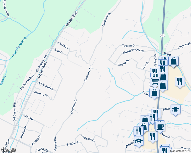 map of restaurants, bars, coffee shops, grocery stores, and more near 540 Ethyeylin Lane in Chattanooga