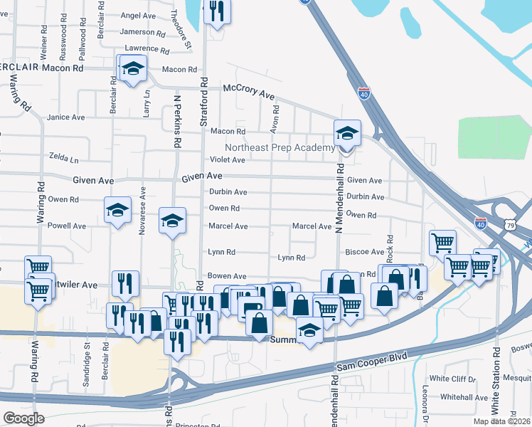 map of restaurants, bars, coffee shops, grocery stores, and more near 4751 Durbin Avenue in Memphis