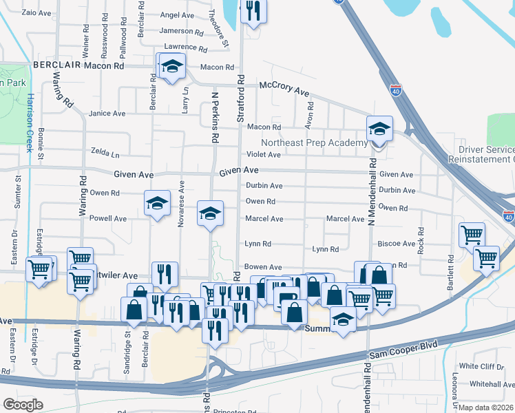 map of restaurants, bars, coffee shops, grocery stores, and more near 4664 Owen Road in Memphis