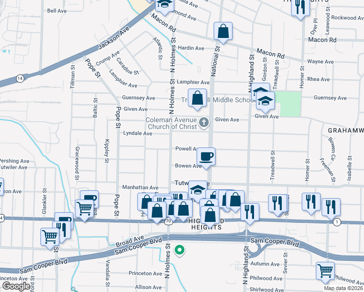 map of restaurants, bars, coffee shops, grocery stores, and more near 3307 Coleman Avenue in Memphis