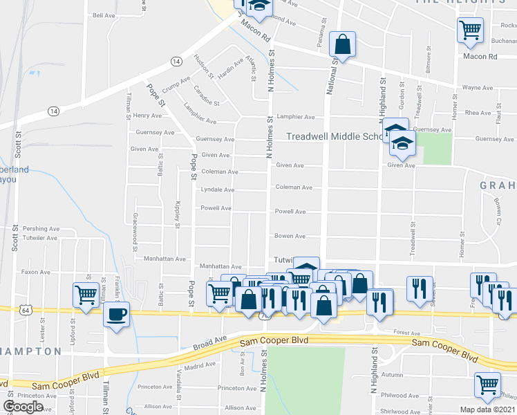 map of restaurants, bars, coffee shops, grocery stores, and more near 3263 Lyndale Avenue in Memphis