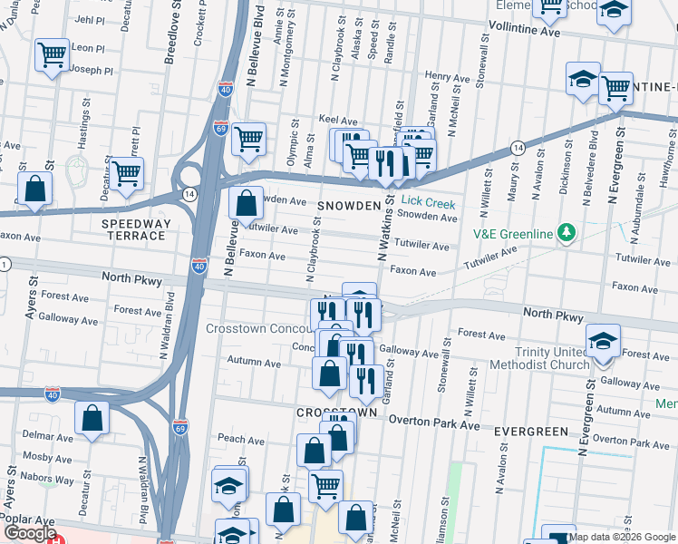 map of restaurants, bars, coffee shops, grocery stores, and more near 1312 Faxon Avenue in Memphis