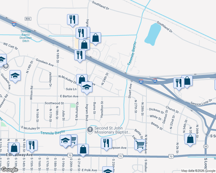 map of restaurants, bars, coffee shops, grocery stores, and more near 2407 South Service Road in West Memphis