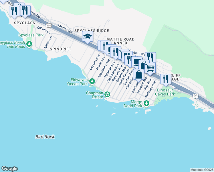 map of restaurants, bars, coffee shops, grocery stores, and more near 345 Capistrano Avenue in Pismo Beach